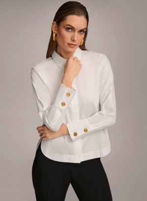 Donna Karan Cotton Collared Button Down Sweaters and Tops White | NZ_DK69118