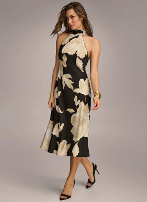 Donna Karan Halter Floral Print Midi Dress Black / Cream | NZ_DK92164