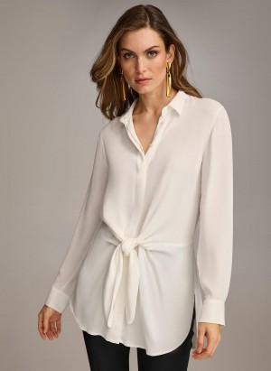 Donna Karan Long Sleeve High-low With Tie At Waist Sweaters and Tops Cream | NZ_DK99184