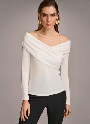 Donna Karan Off Shoulder Wrap Sweaters and Tops Cream | NZ_DK34328