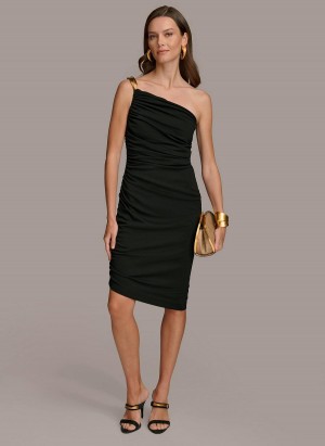 Donna Karan One Shoulder Ruched Dress Black | NZ_DK42655