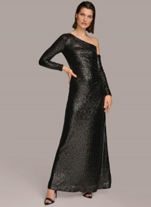 Donna Karan One Shoulder Sequin Dress Black | NZ_DK63784