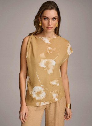 Donna Karan Printed Gathered Hardware Shoulder Sweaters and Tops Gold Cream | NZ_DK79245