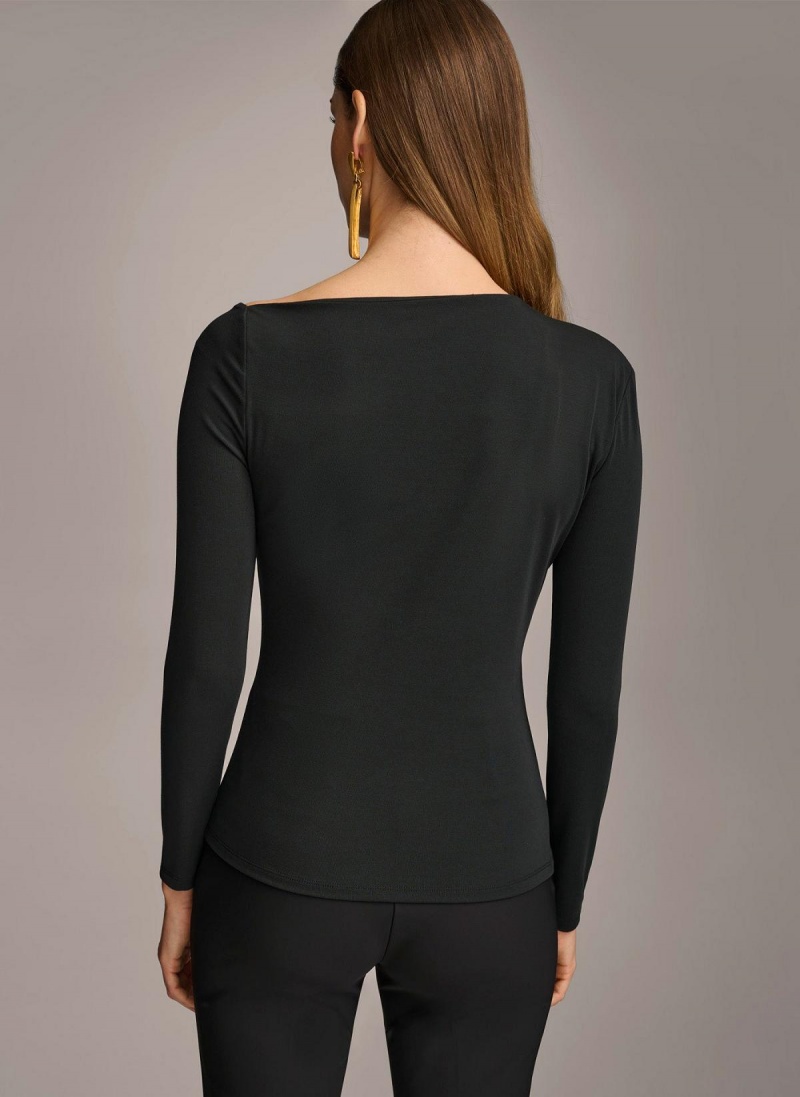 Donna Karan Asymmetrical Neckline Fitted Sweaters and Tops Black | NZ_DK51938