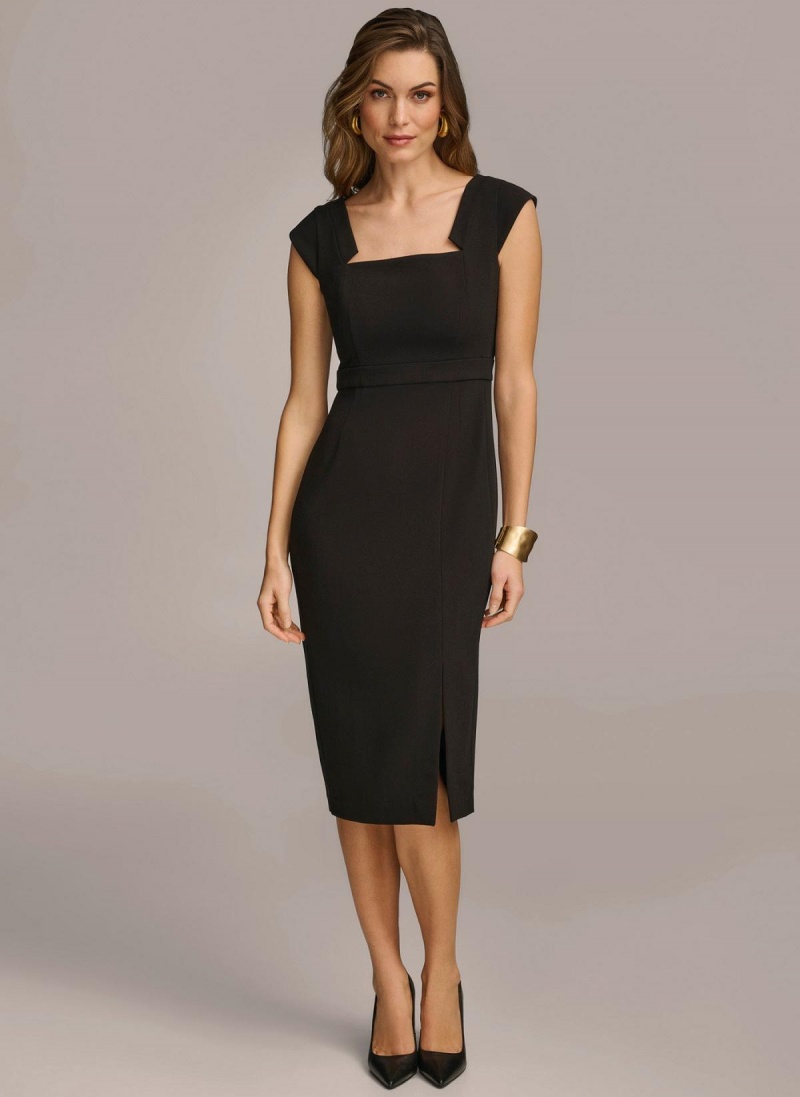 Donna Karan Cap Sleeve Square Neck Sheath With Slit Dress Black | NZ_DK20425