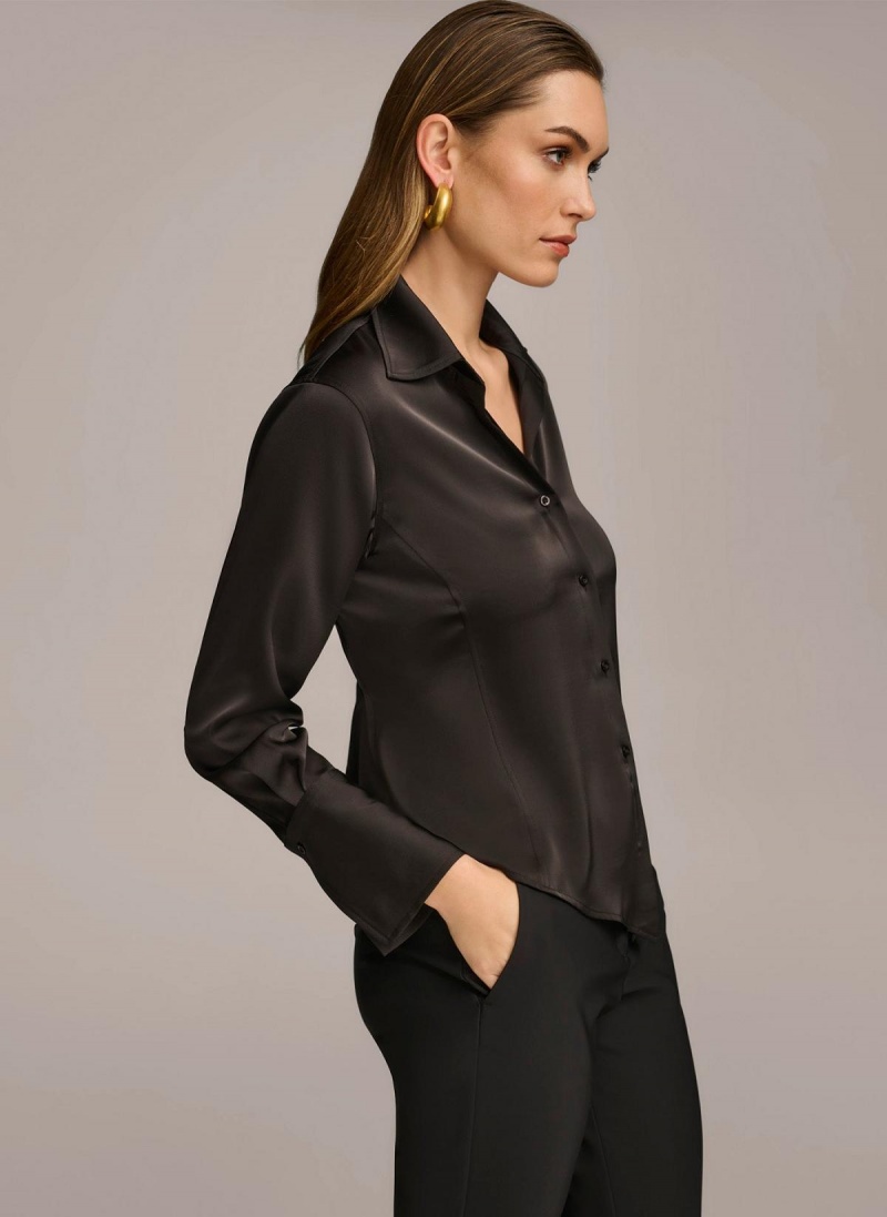 Donna Karan Collared Button Down Blouse Sweaters and Tops Black | NZ_DK22924