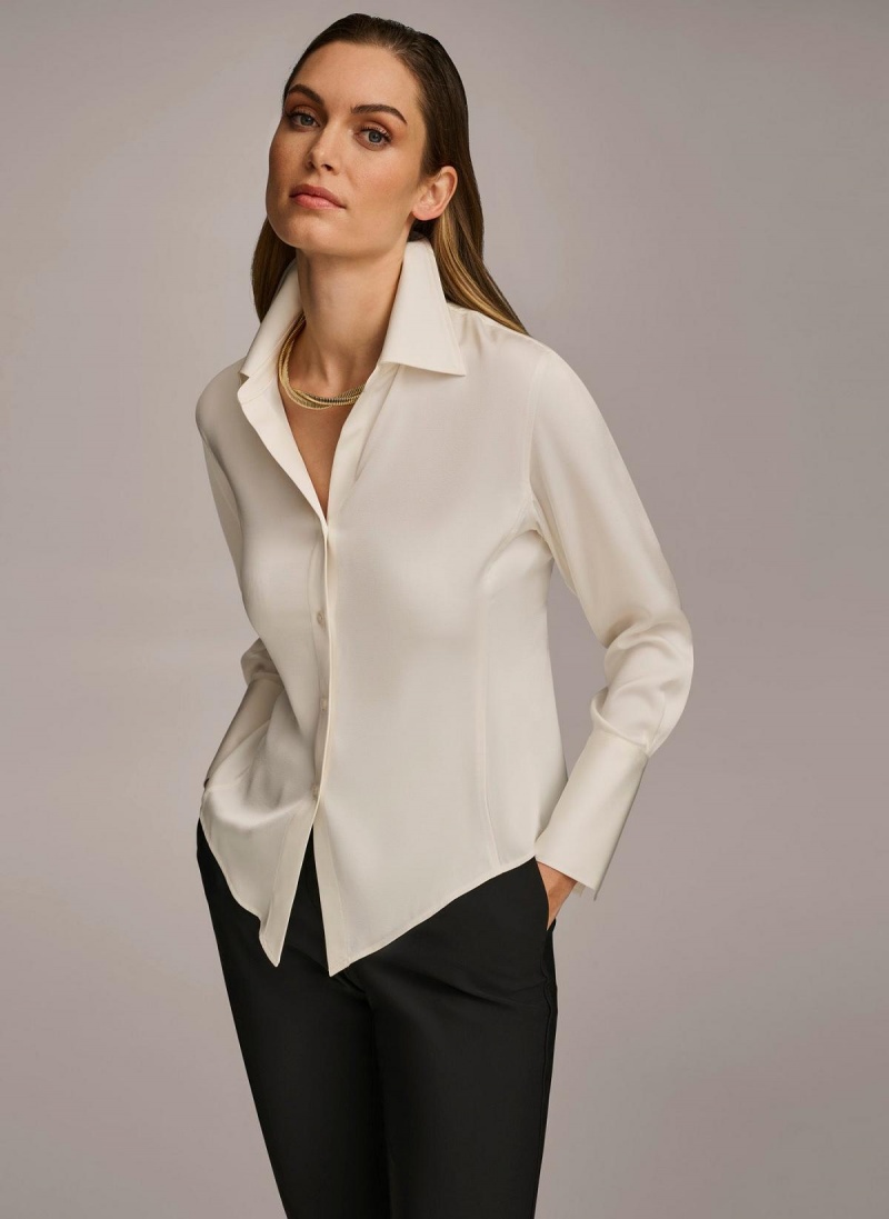 Donna Karan Collared Button Down Blouse Sweaters and Tops Cream | NZ_DK36175