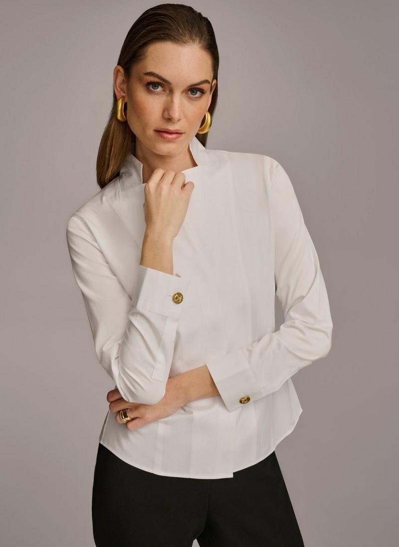 Donna Karan Cotton Notch Collar Button Down Sweaters and Tops White | NZ_DK30531