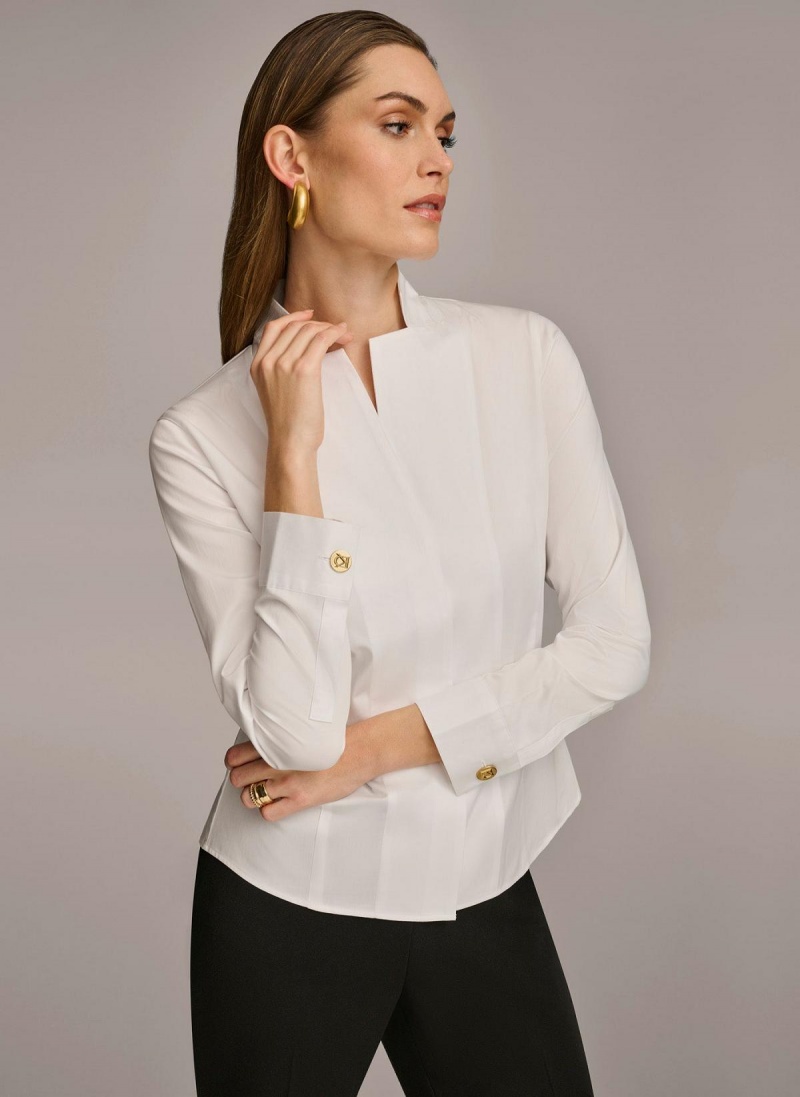 Donna Karan Cotton Notch Collar Button Down Sweaters and Tops White | NZ_DK30531