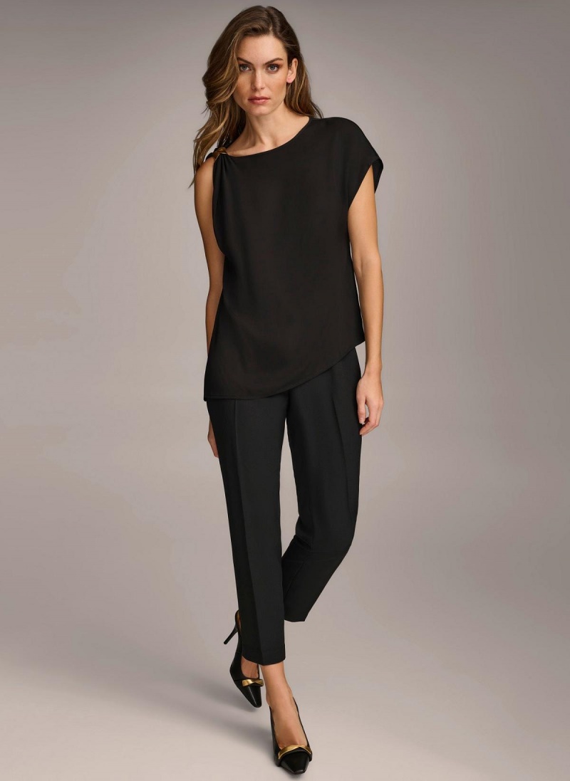 Donna Karan Gathered Hardware Shoulder Sweaters and Tops Black | NZ_DK90431