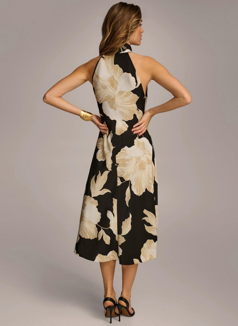 Donna Karan Halter Floral Print Midi Dress Black / Cream | NZ_DK92164