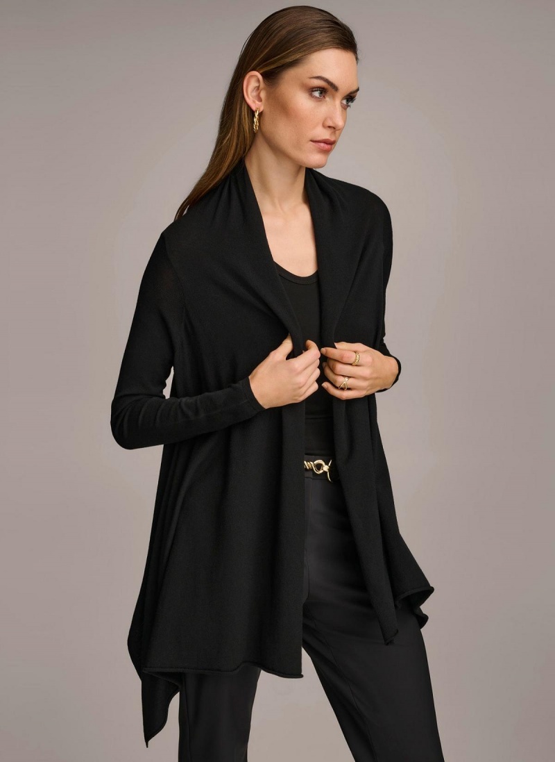 Donna Karan Long Sleeve Drape Cardigan Sweaters and Tops Black | NZ_DK64286