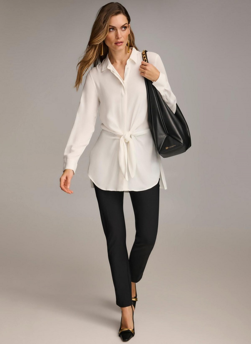 Donna Karan Long Sleeve High-low With Tie At Waist Sweaters and Tops Cream | NZ_DK99184