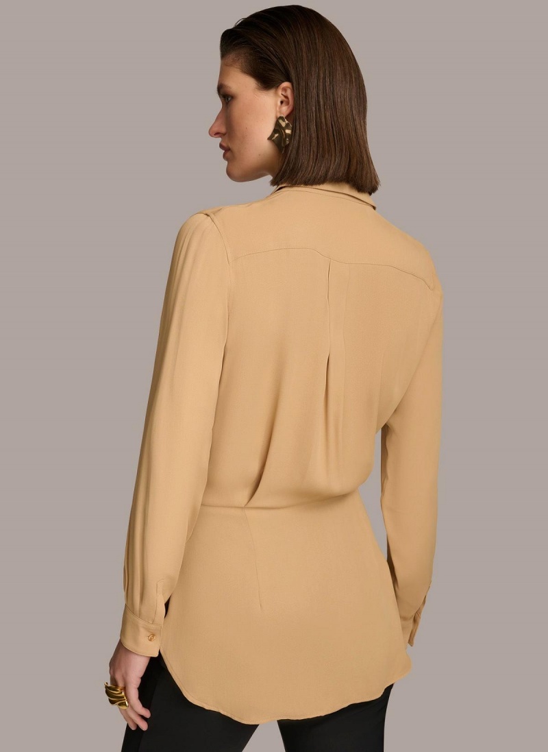 Donna Karan Long Sleeve High-low With Tie At Waist Sweaters and Tops Gold | NZ_DK22098