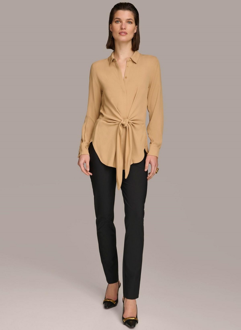 Donna Karan Long Sleeve High-low With Tie At Waist Sweaters and Tops Gold | NZ_DK22098