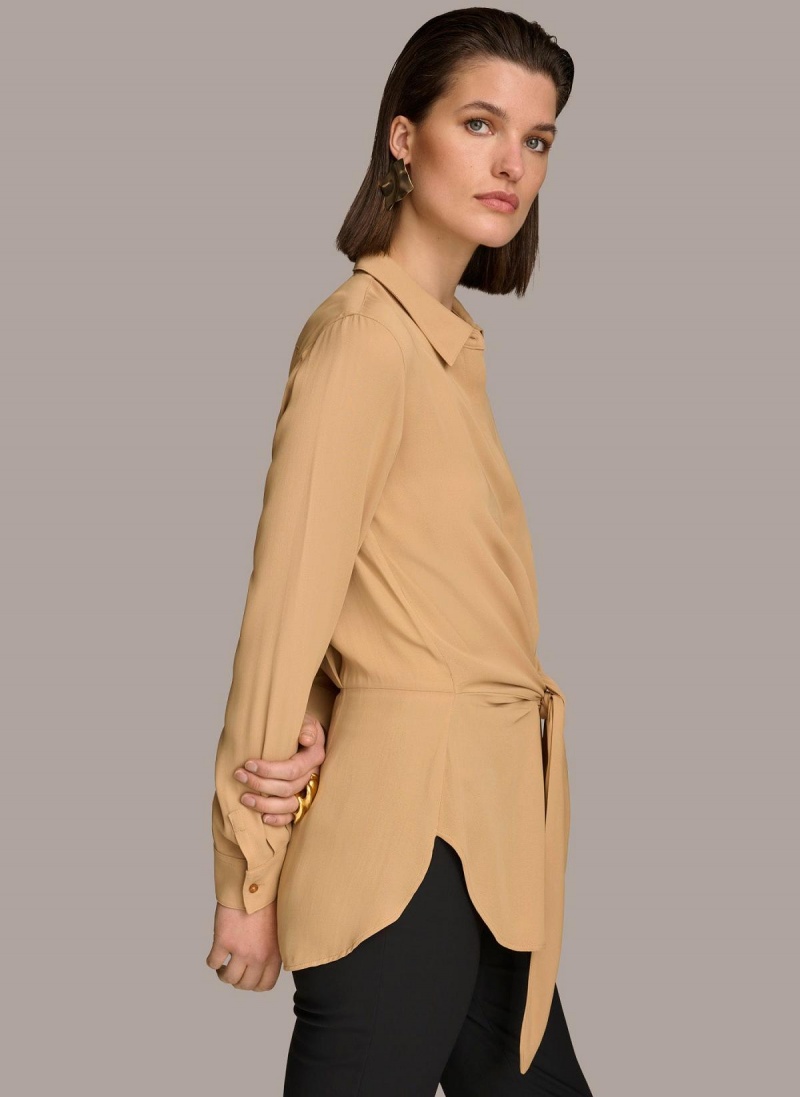 Donna Karan Long Sleeve High-low With Tie At Waist Sweaters and Tops Gold | NZ_DK22098