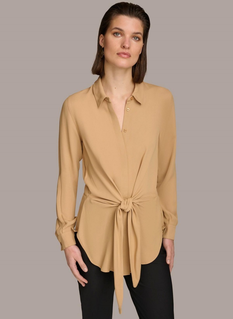 Donna Karan Long Sleeve High-low With Tie At Waist Sweaters and Tops Gold | NZ_DK22098