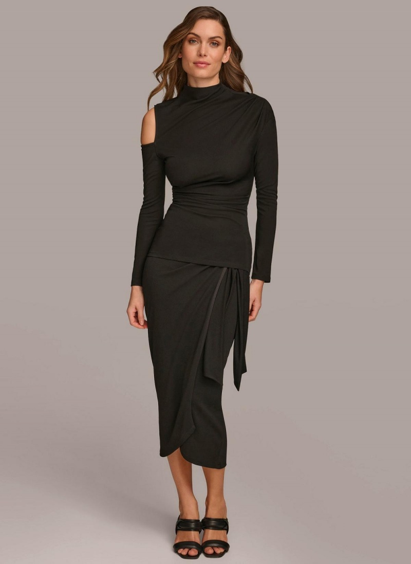 Donna Karan Mock Neck With Cold Shoulder Sweaters and Tops Black | NZ_DK87359