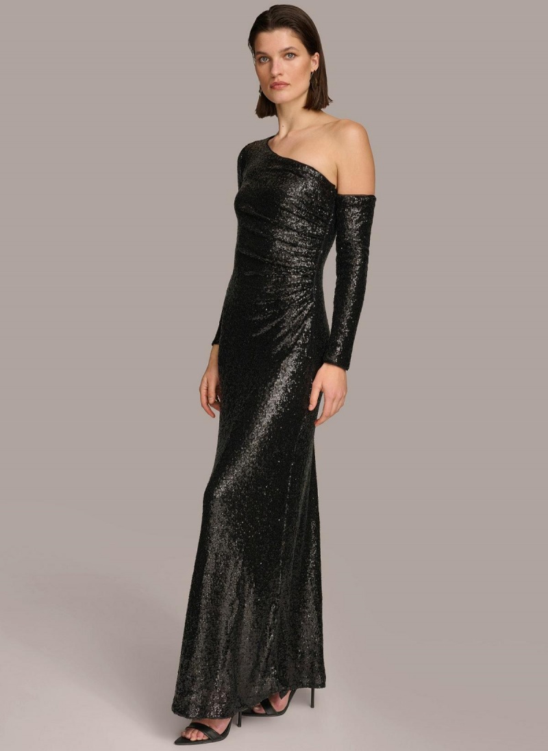 Donna Karan One Shoulder Sequin Dress Black | NZ_DK63784