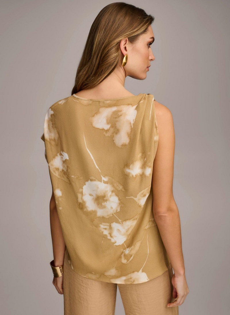 Donna Karan Printed Gathered Hardware Shoulder Sweaters and Tops Gold Cream | NZ_DK79245