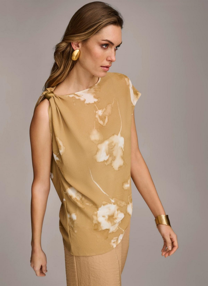 Donna Karan Printed Gathered Hardware Shoulder Sweaters and Tops Gold Cream | NZ_DK79245