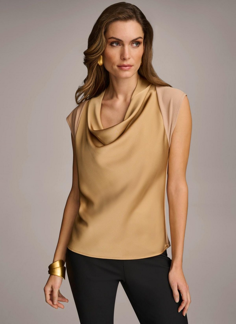 Donna Karan Sleeveless Cowl Neck Sweaters and Tops Gold | NZ_DK94917