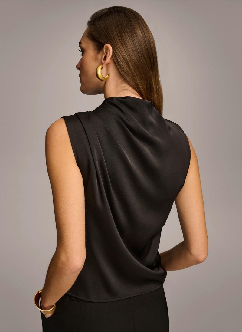 Donna Karan Sleeveless Draped Mockneck Sweaters and Tops Black | NZ_DK79909