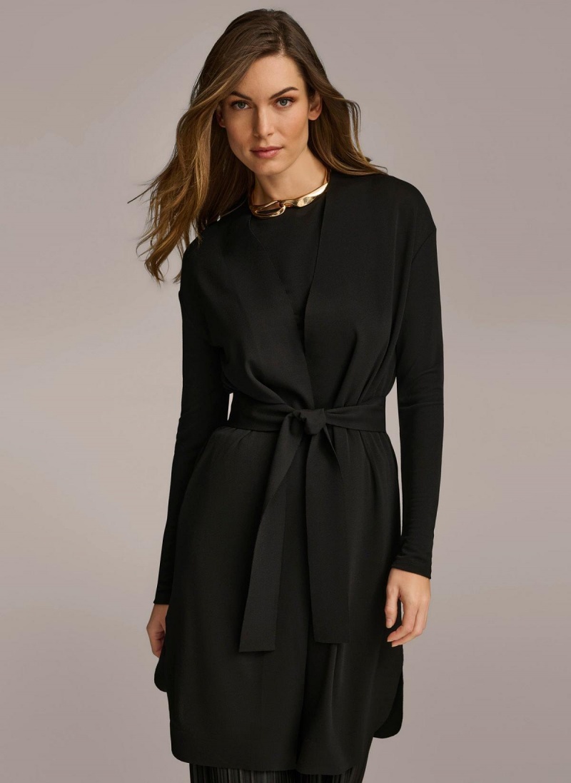 Donna Karan Tie Waist Cardigan Sweaters and Tops Black | NZ_DK13058