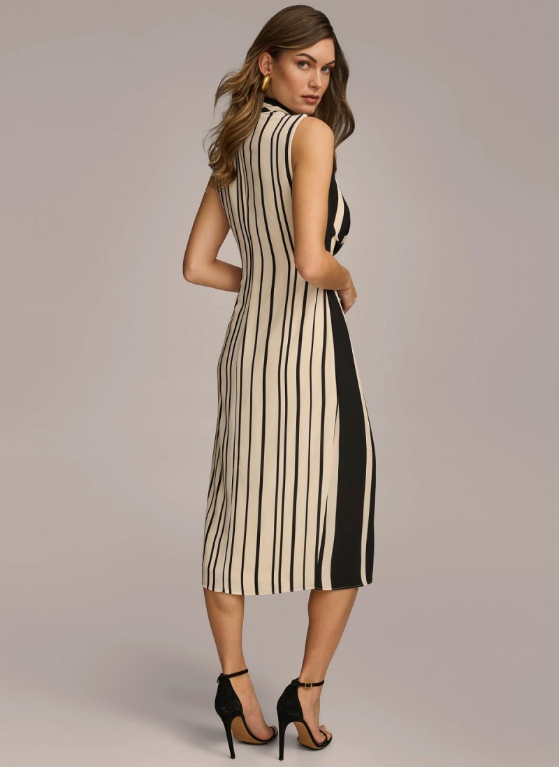 Donna Karan V Neck Striped Midi Dress Black | NZ_DK48318