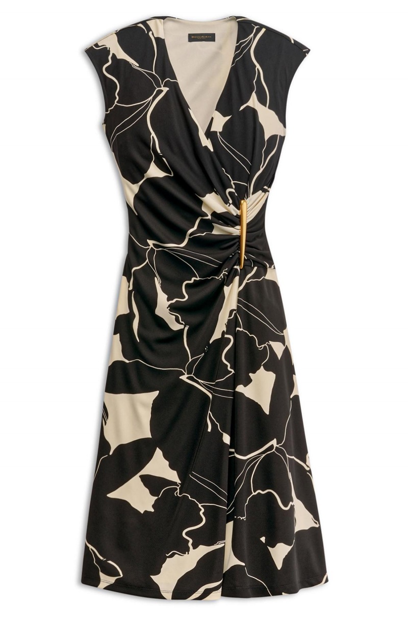 Donna Karan Vneck Midi Dress Black / Cream | NZ_DK39526