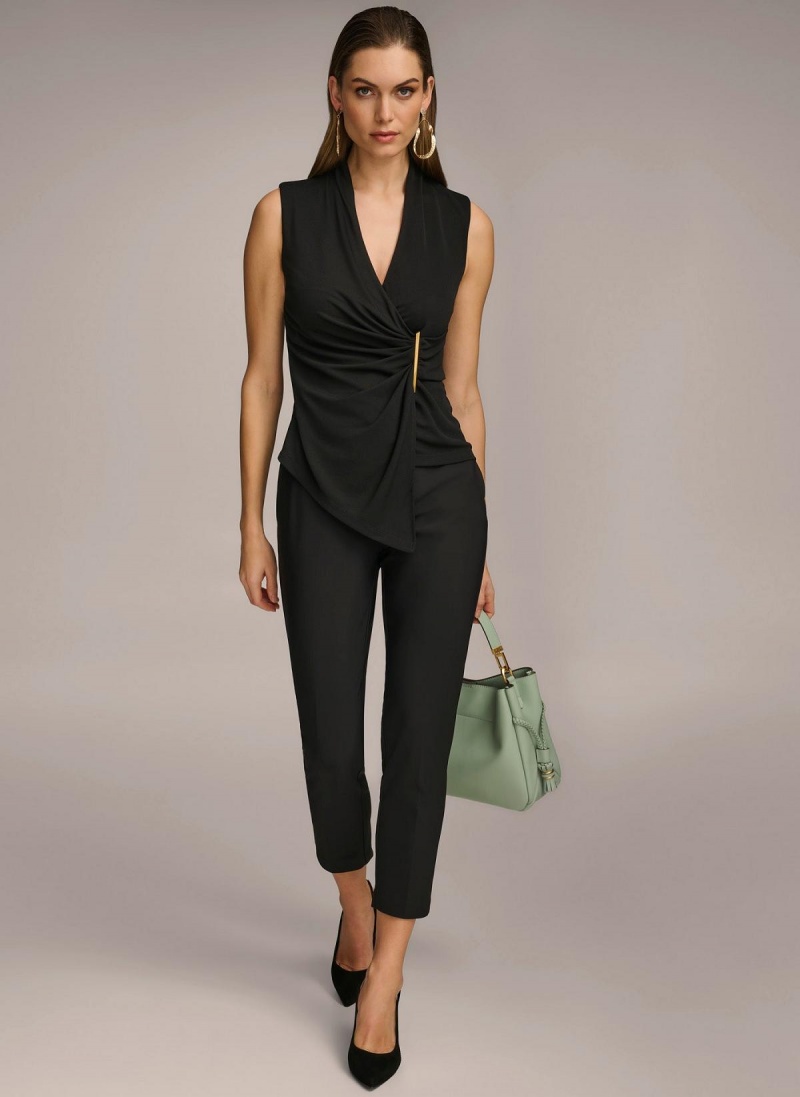 Donna Karan V-neck With Hardware And Ruched Detail Sweaters and Tops Black | NZ_DK47907