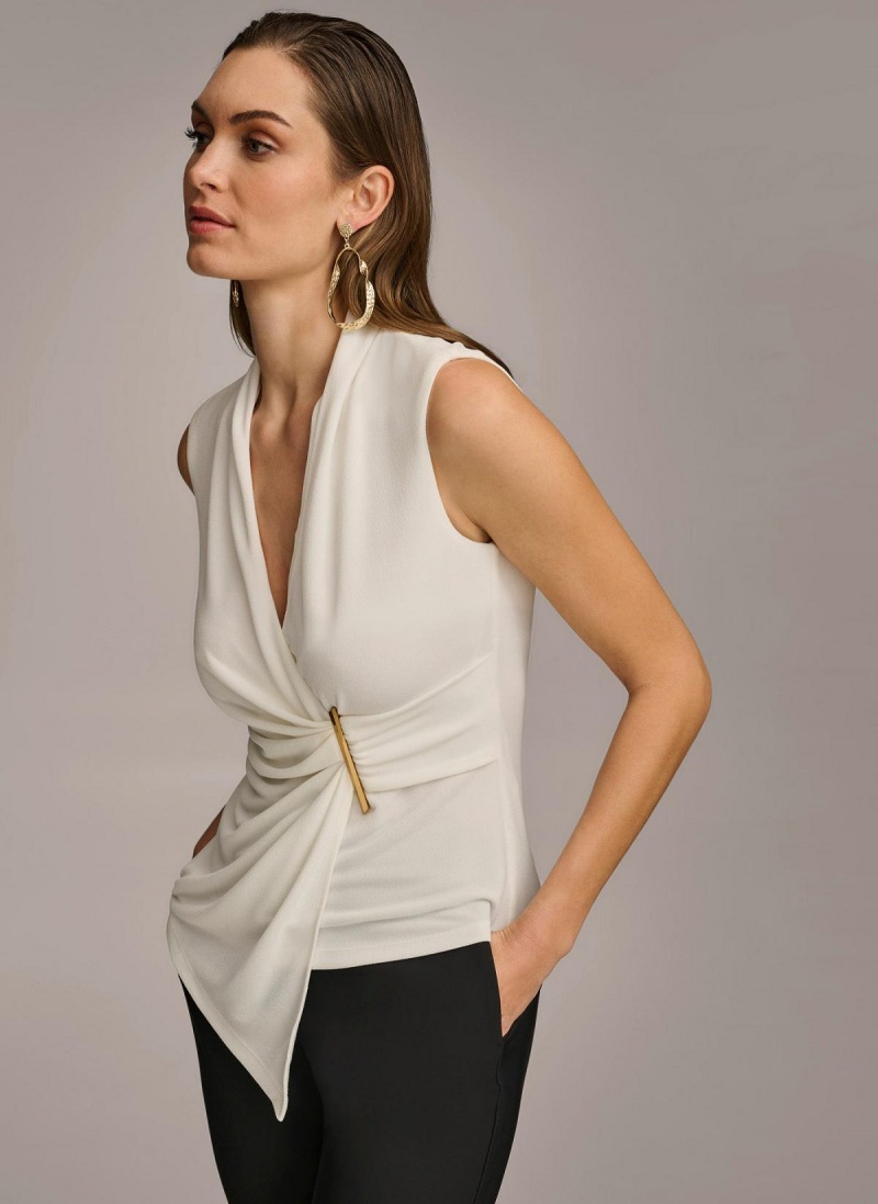 Donna Karan V-neck With Hardware And Ruched Detail Sweaters and Tops Cream | NZ_DK93305